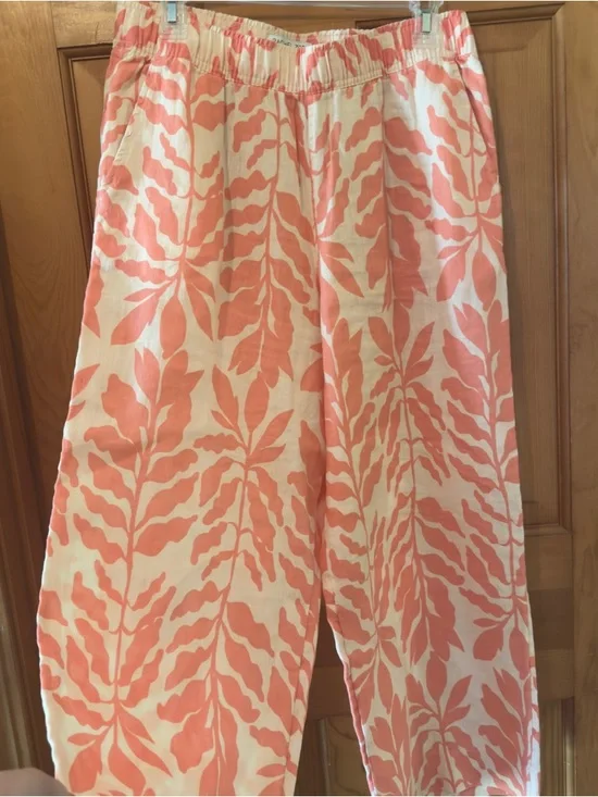 Wide-Leg 💯 Linen Floral Print Pants - cream & Orange, size Medium - Picture 2 of 6